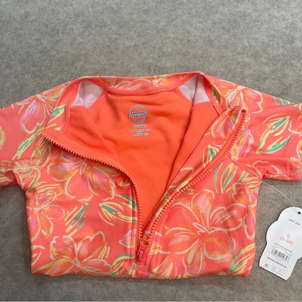 Wonder Nation Rashgaurd Orange Floral 1 Piece Swimsuit Girls size S(6-6X) New